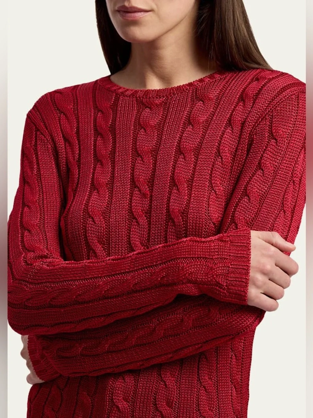 RALPH LAUREN COLLECTION SILK CABLE KNIT CREWNECK SWEATER IN RED